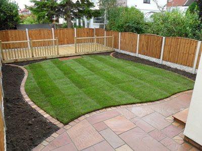Manicured striped lawn with patio
